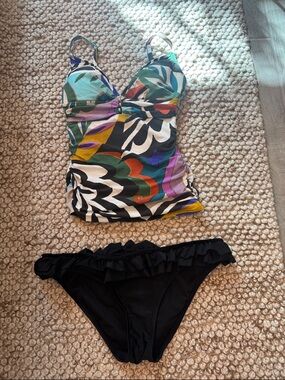 Colorful Leaf Print Tankini Top with Black Ruffle Bikini Bottom